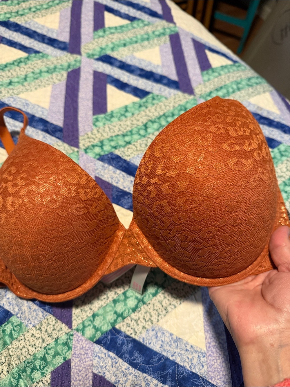 PINK Victoria's Secret Orange Lace Push-Up Bra with Leopard Texture